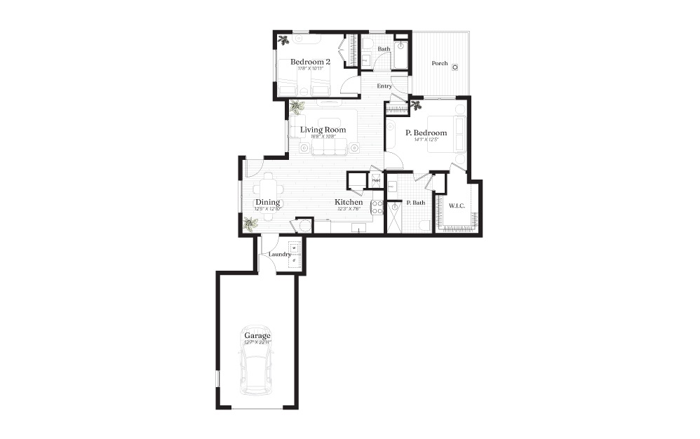 Brookside A - 2 bedroom floorplan layout with 2 baths and 1240 square feet.