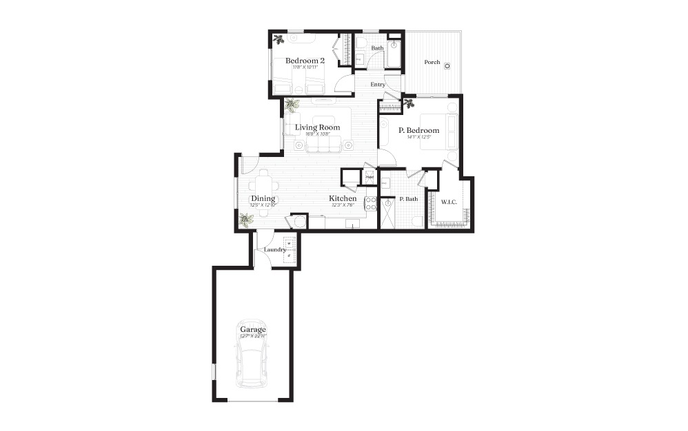 Brookside A - 2 bedroom floorplan layout with 2 bathrooms and 1240 square feet