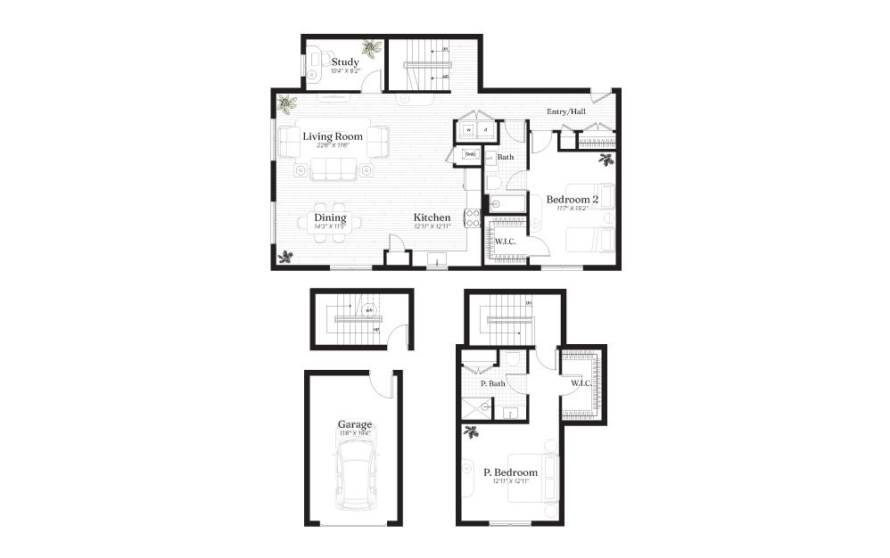 Erie A - 2 bedroom floorplan layout with 2 baths and 1643 square feet.
