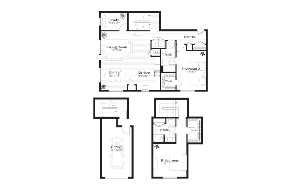 Erie B - 2 bedroom floorplan layout with 2 baths and 1547 square feet.