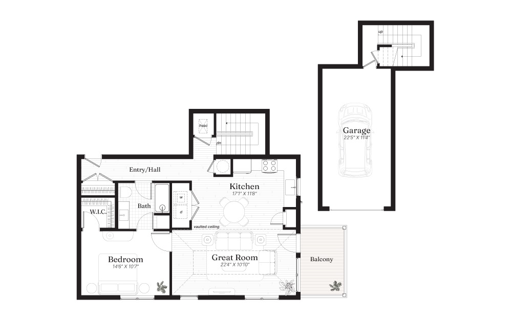 Mohawk B - 1 bedroom floorplan layout with 1 bath and 918 square feet.