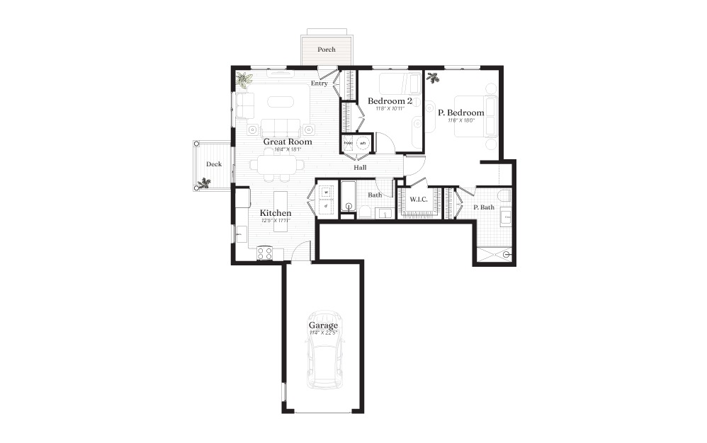 Niagara A - 2 bedroom floorplan layout with 2 baths and 1165 square feet.